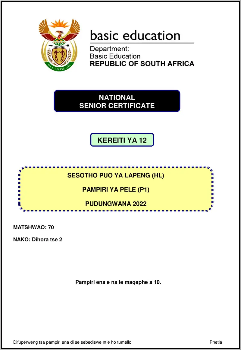 Sesotho Hl P1 Nov 2022 Gr12