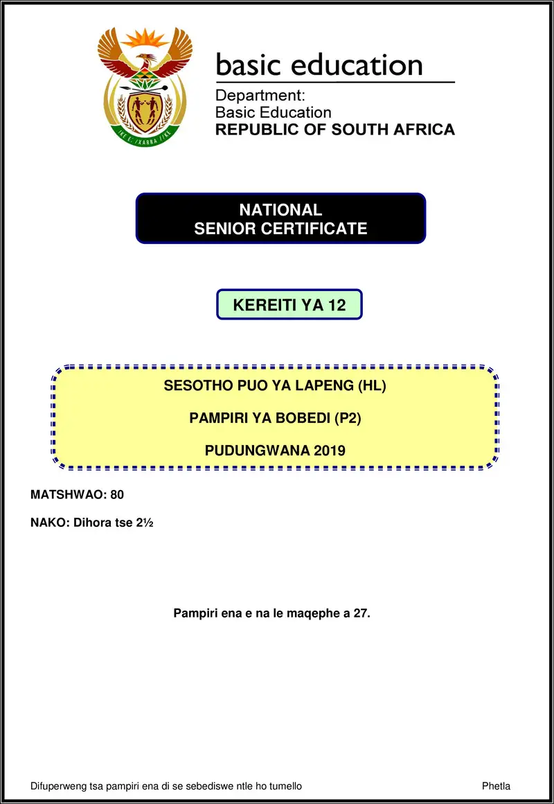 Sesotho Hl P2 Nov 2019 Gr12