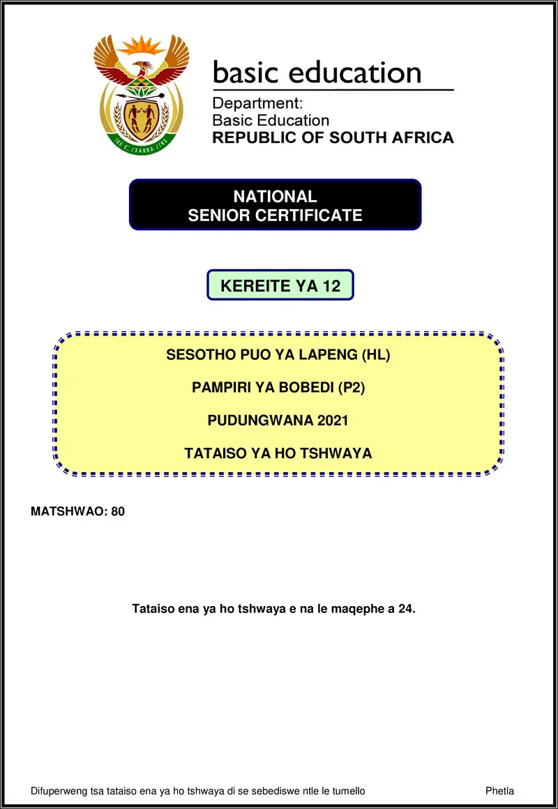 Sesotho Hl P2 Nov 2021 Mg Gr12