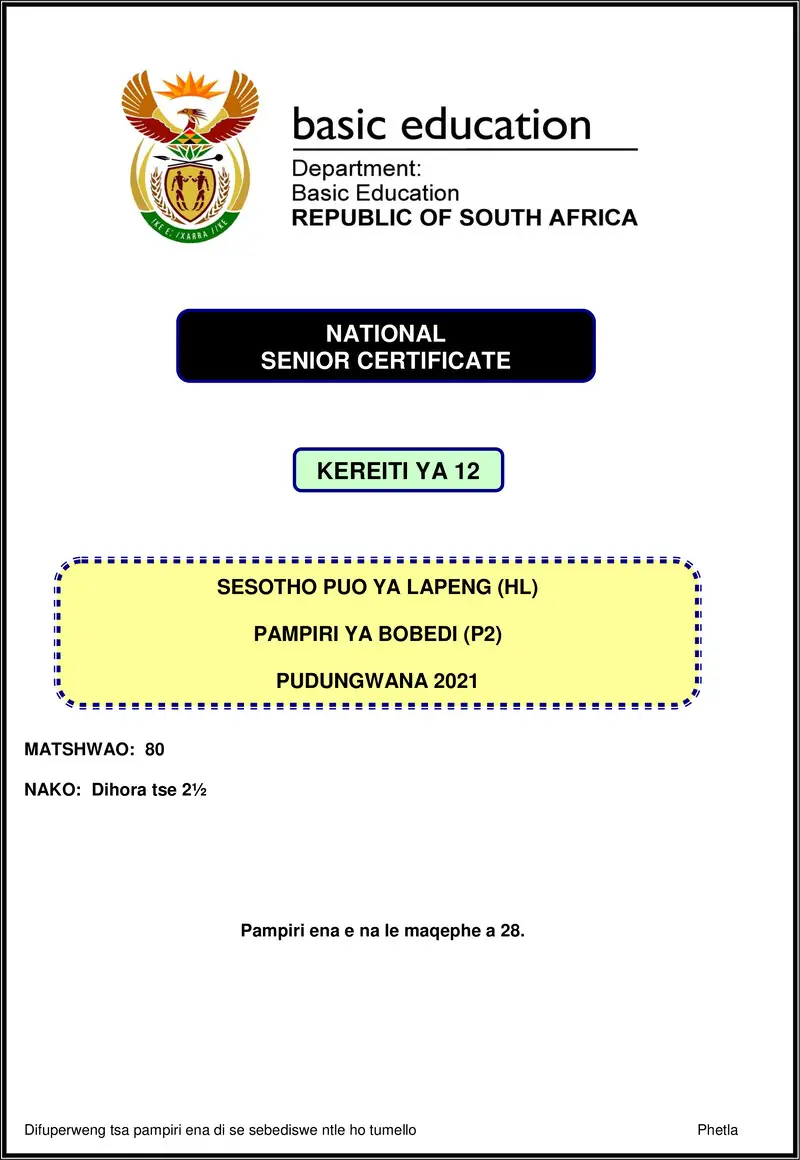 Sesotho Hl P2 Nov 2021 Gr12