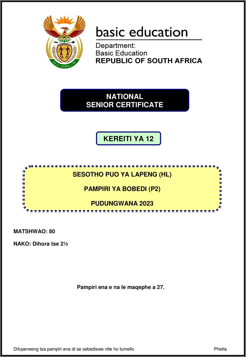 Sesotho Hl P2 Nov 2023 Gr12