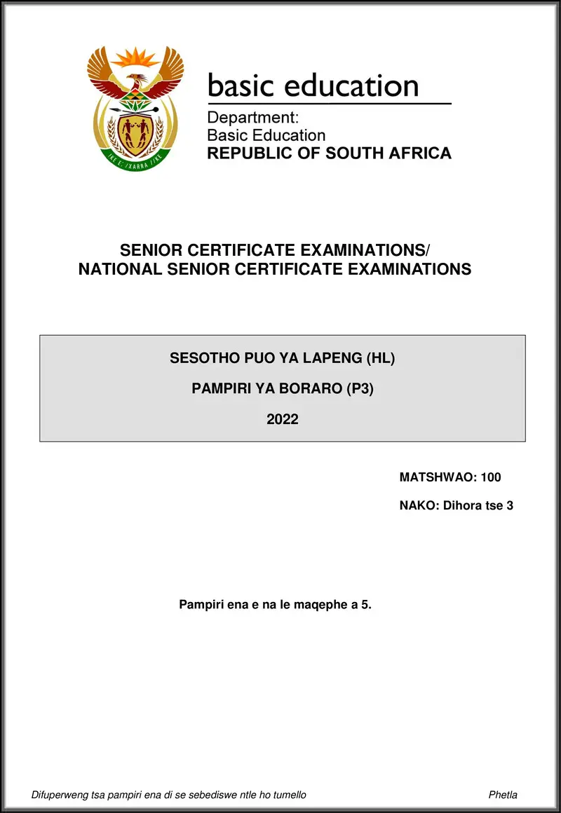 Sesotho Hl P3 May June 2022 Gr12