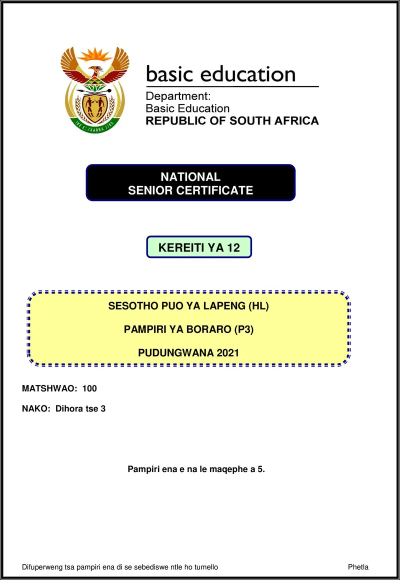 Sesotho Hl P3 Nov 2021 Gr12