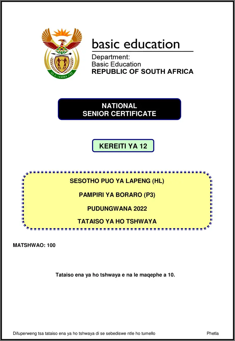 Sesotho Hl P3 Nov 2022 Mg Gr12