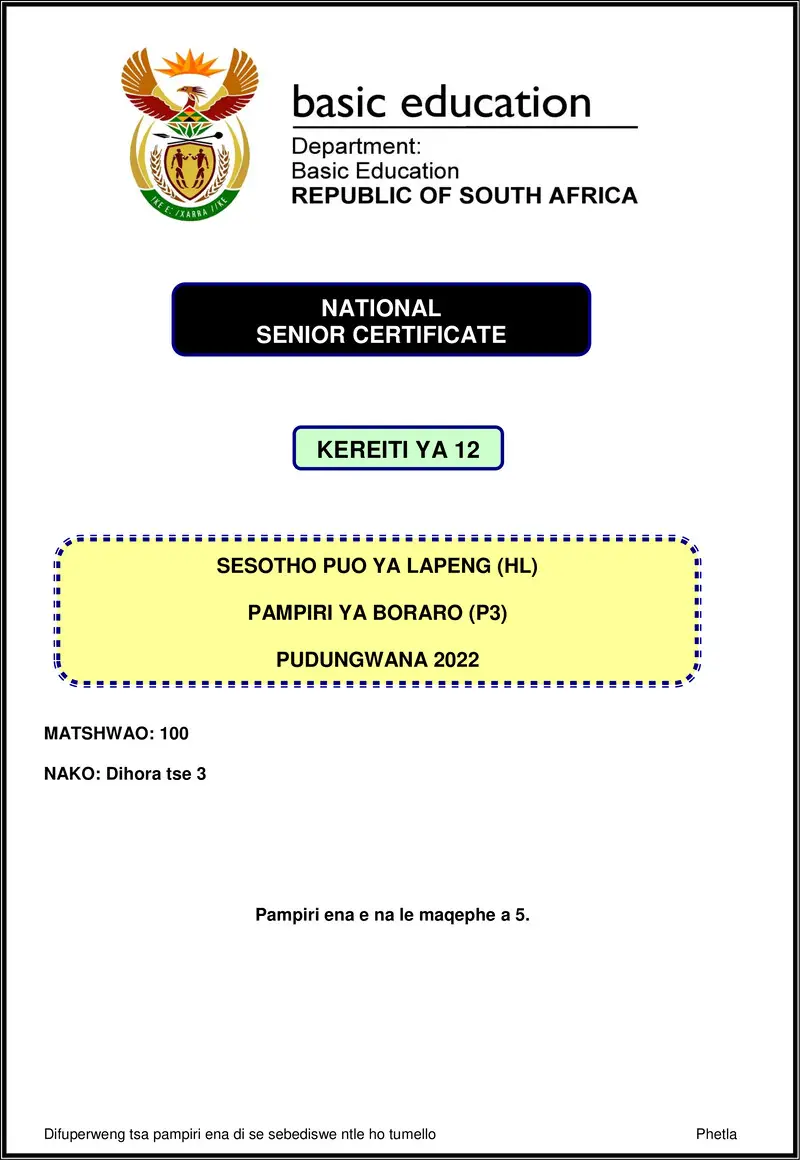Sesotho Hl P3 Nov 2022 Gr12