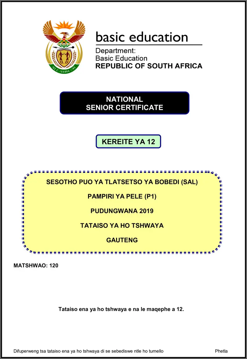 Sesotho Sal P1 Nov 2019 Memo Gauteng Gr12