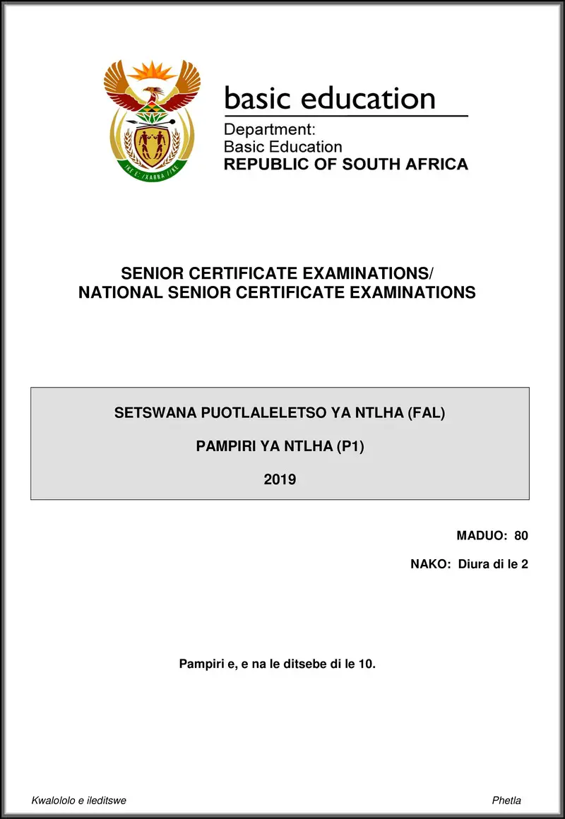 Setswana Fal P1 May June 2019 Gr12