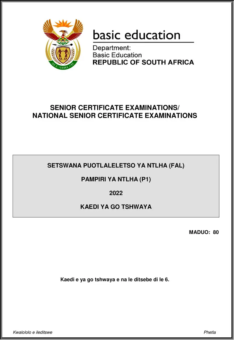 Setswana Fal P1 May June 2022 Mg Gr12