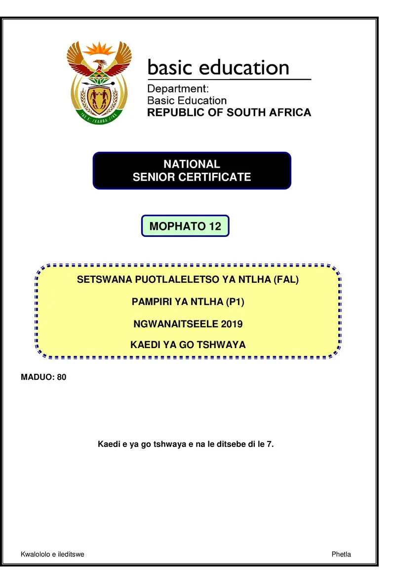 Setswana Fal P1 Nov 2019 Memo Gr12
