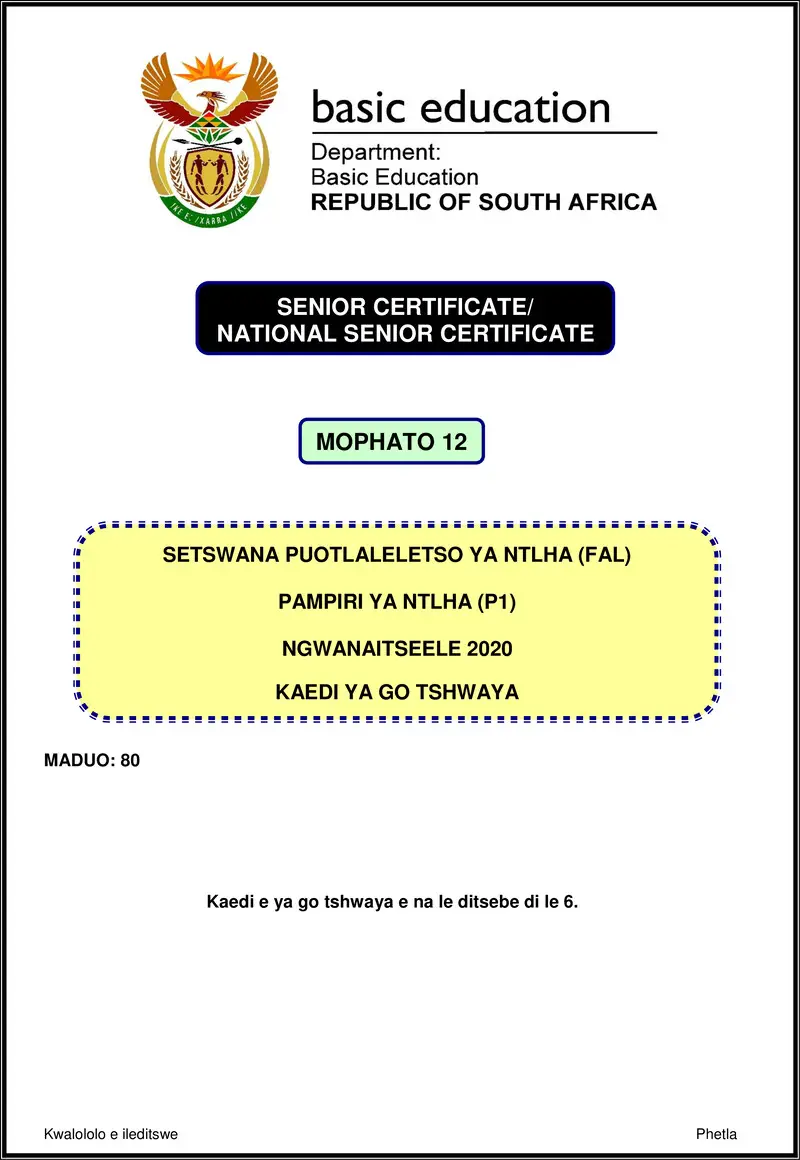 Setswana Fal P1 Nov 2020 Memo Gr12