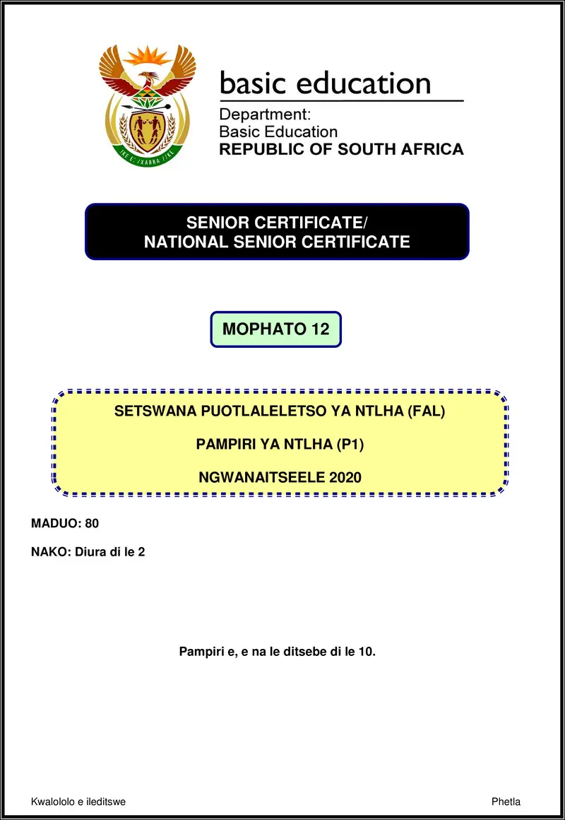 Setswana Fal P1 Nov 2020 Gr12
