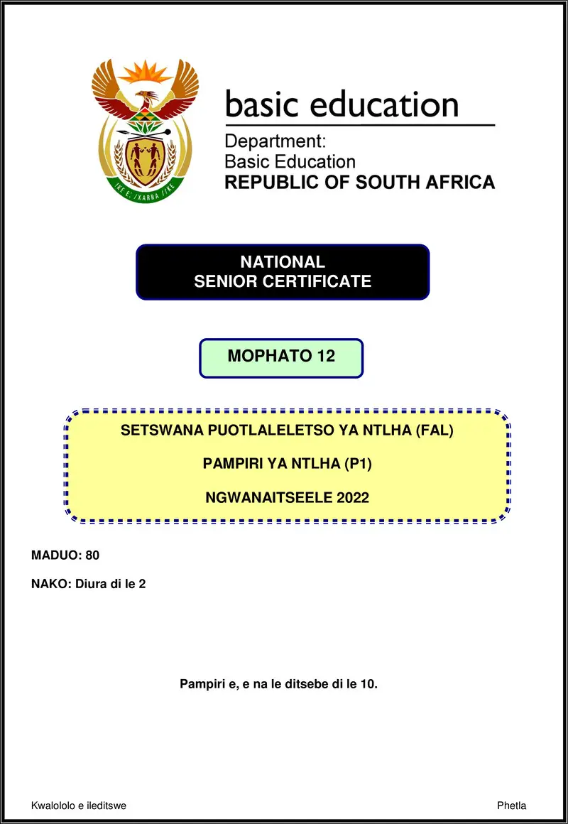Setswana Fal P1 Nov 2022 Gr12