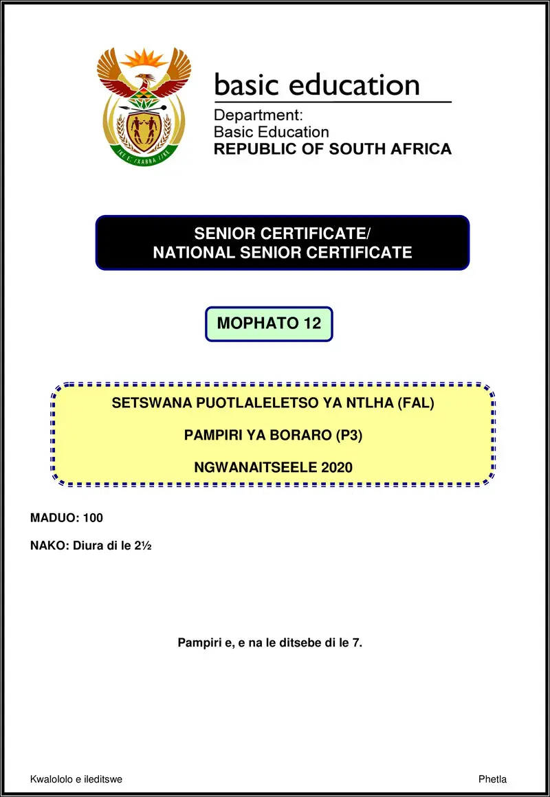 Setswana Fal P3 Nov 2020 Gr12
