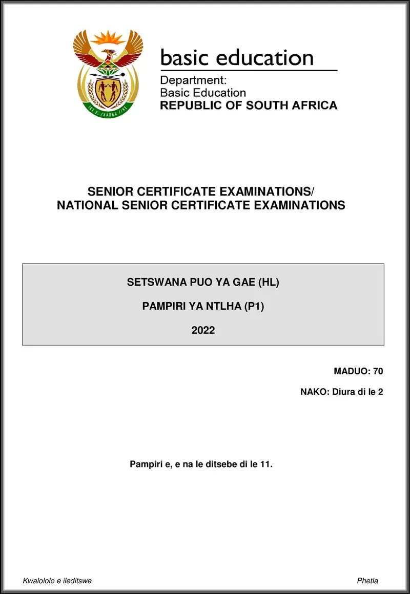 Setswana Hl P1 May June 2022 Gr12