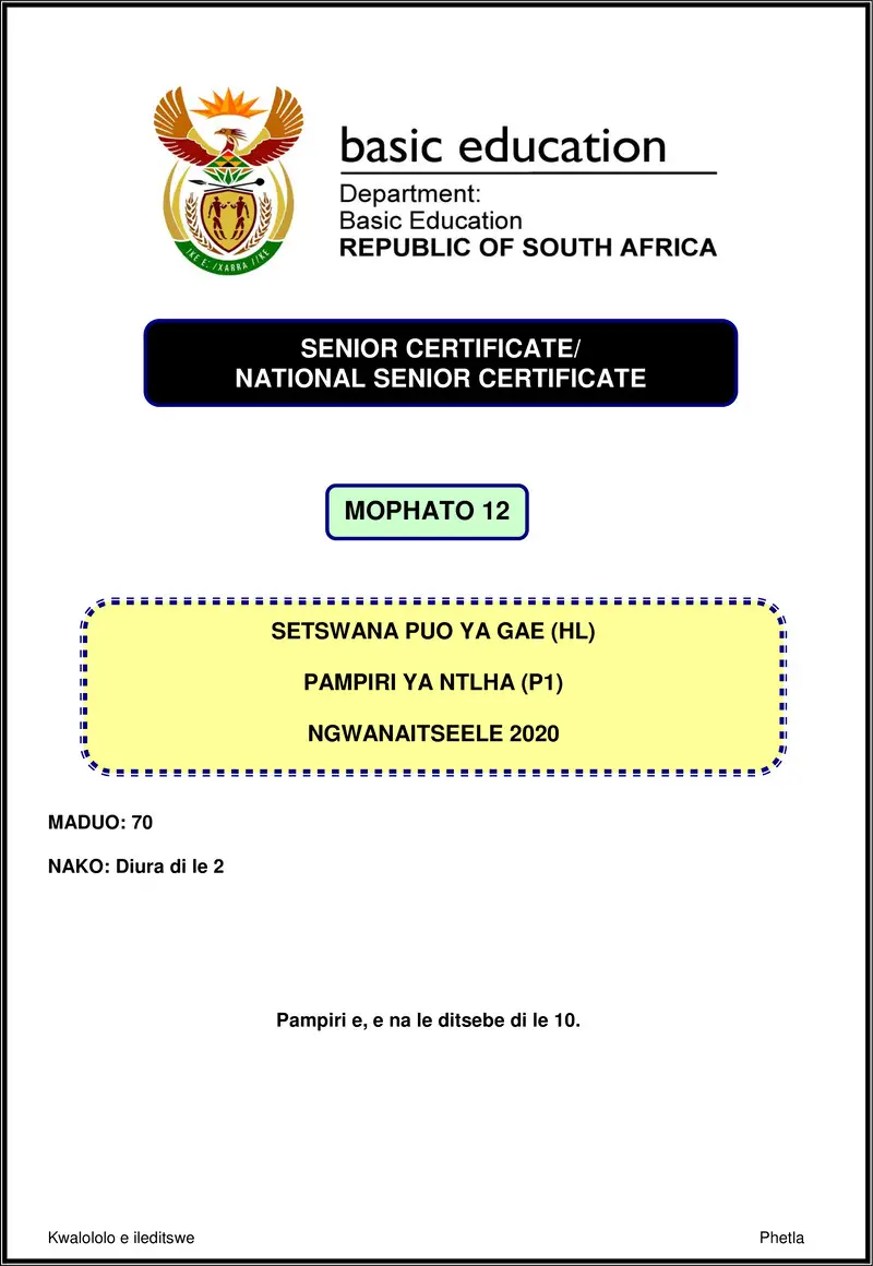 Setswana Hl P1 Nov 2020 Gr12