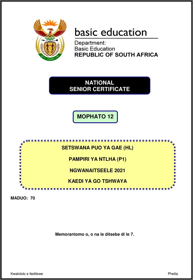 Setswana Hl P1 Nov 2021 Mg Gr12