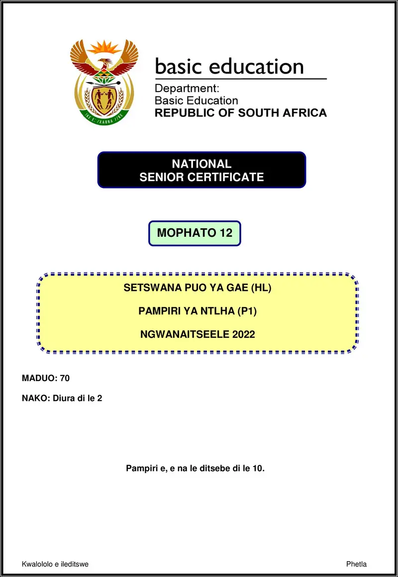 Setswana Hl P1 Nov 2022 Gr12