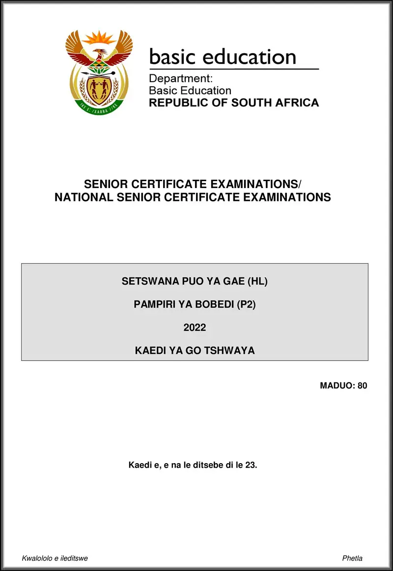 Grade 12 Setswana past paper 2022 – setswana hl p2 may june 2022 mg gr12