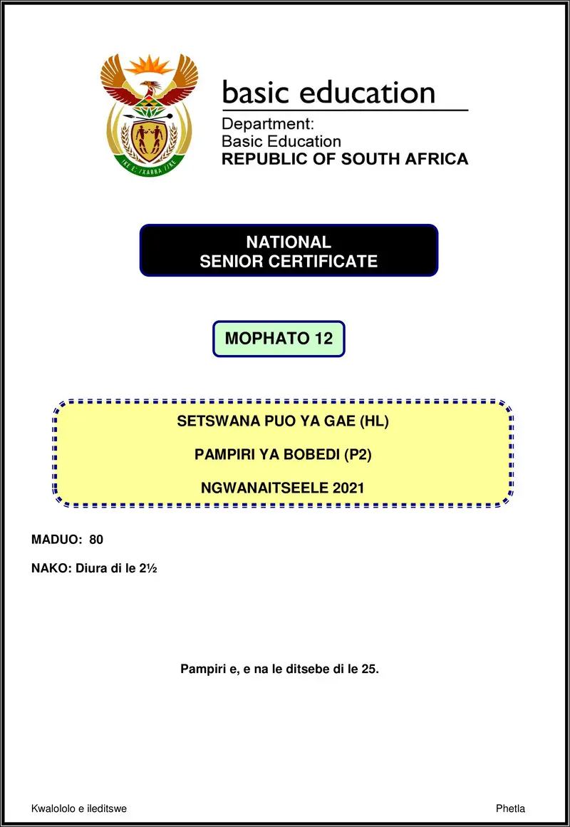 Setswana Hl P2 Nov 2021 Gr12