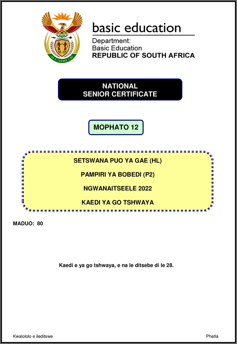 Setswana Hl P2 Nov 2022 Mg Gr12