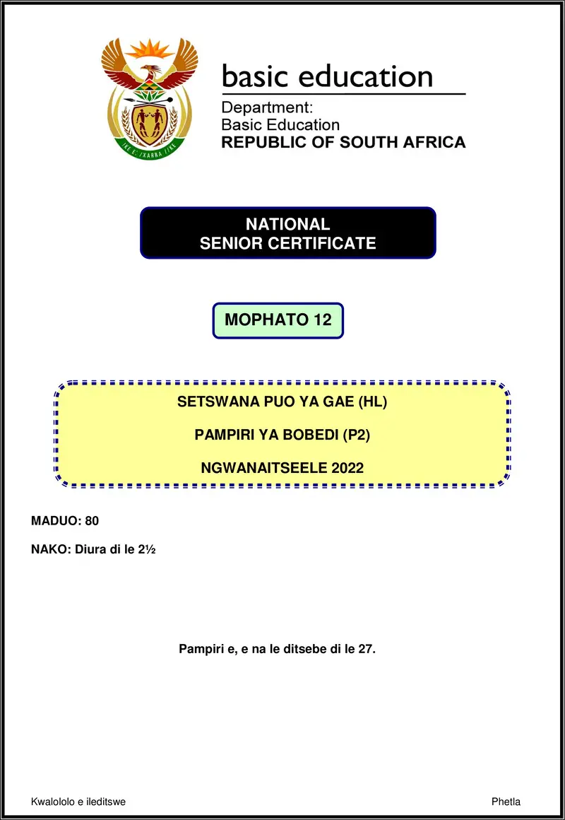 Setswana Hl P2 Nov 2022 Gr12
