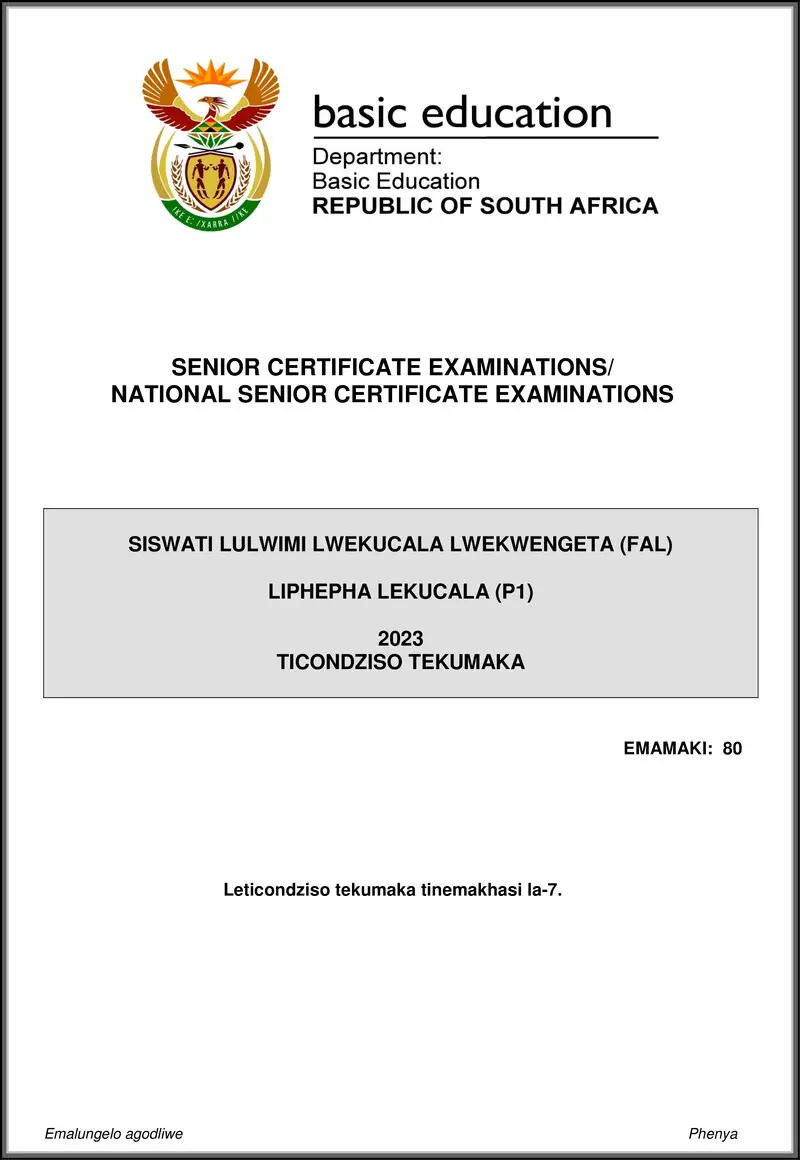 Siswati Fal P1 May June 2023 Mg Gr12