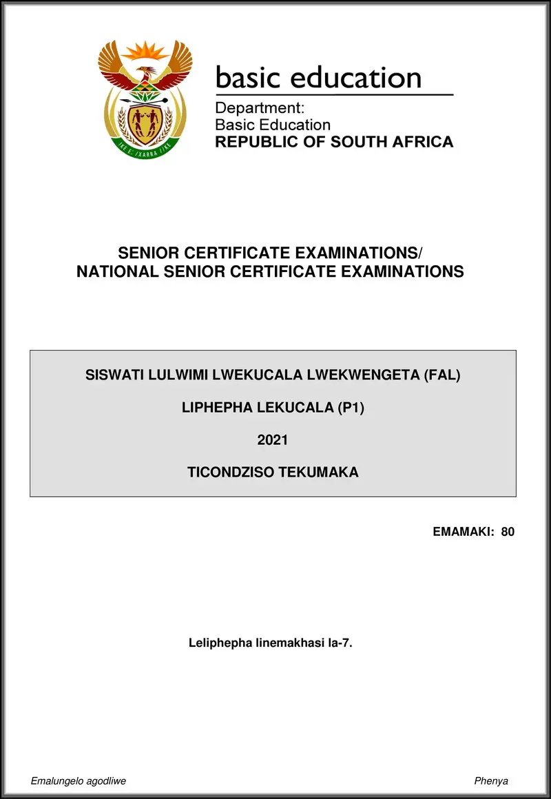 Siswati Fal P1 May June 2021 Mg Gr12