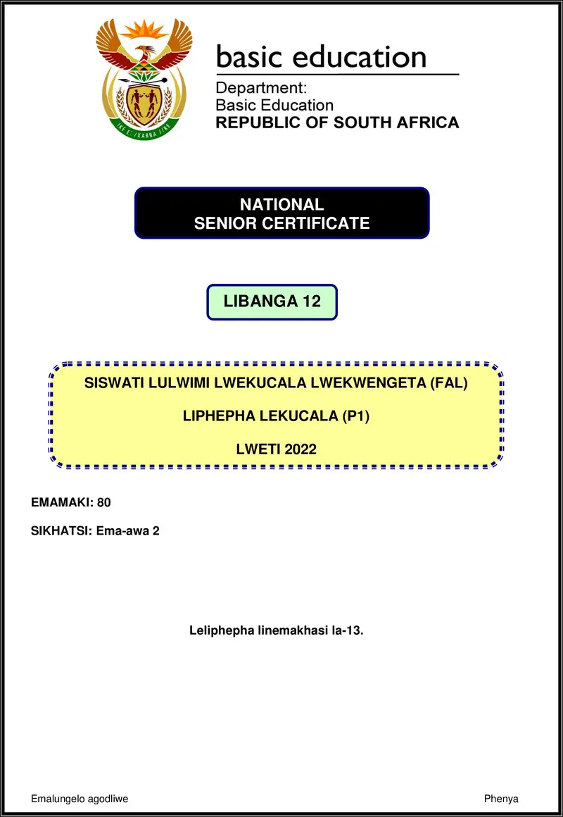 Siswati Fal P1 Nov 2022 Gr12