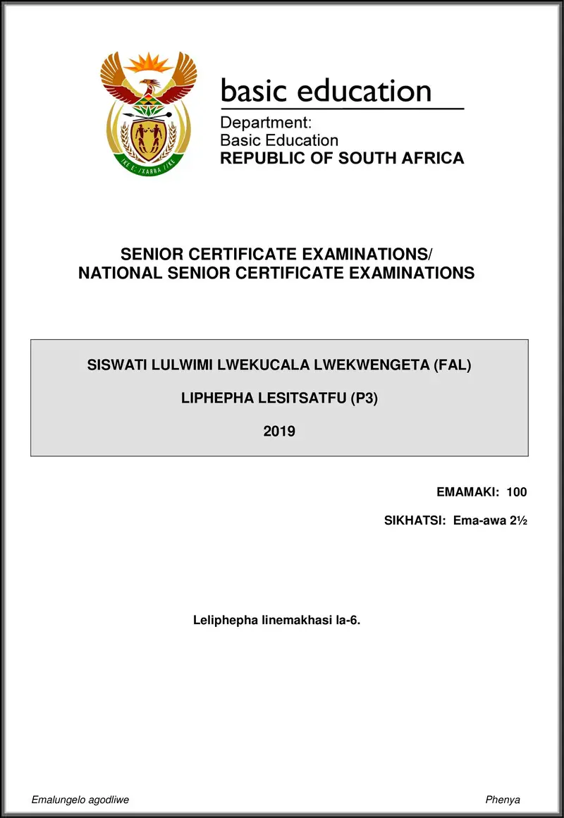Siswati Fal P3 May June 2019 Gr12