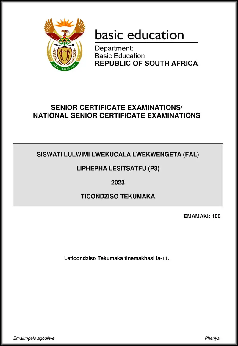Grade 12 Siswati past paper 2023 – siswati fal p3 may june 2023 mg gr12