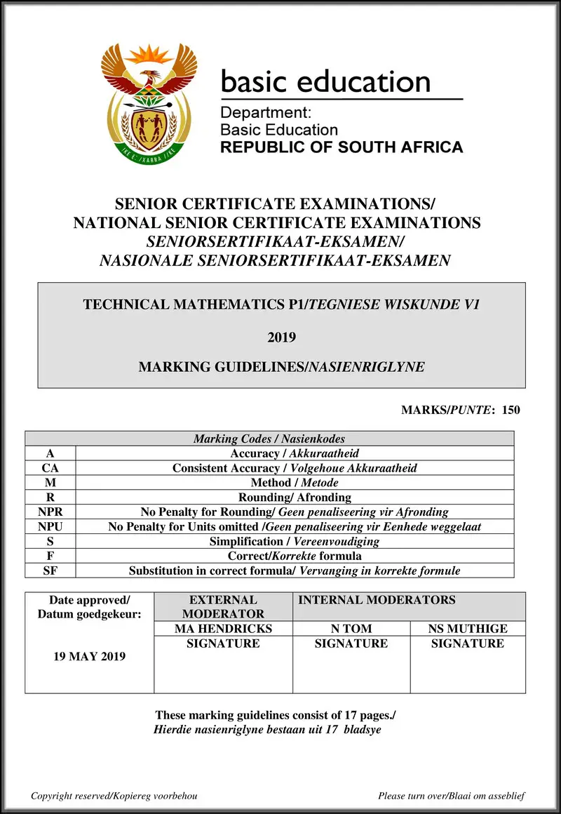 Grade 12 Technical Mathematics past paper 2019 – technical mathematics p1 nov 2019 eng eng memo gr12