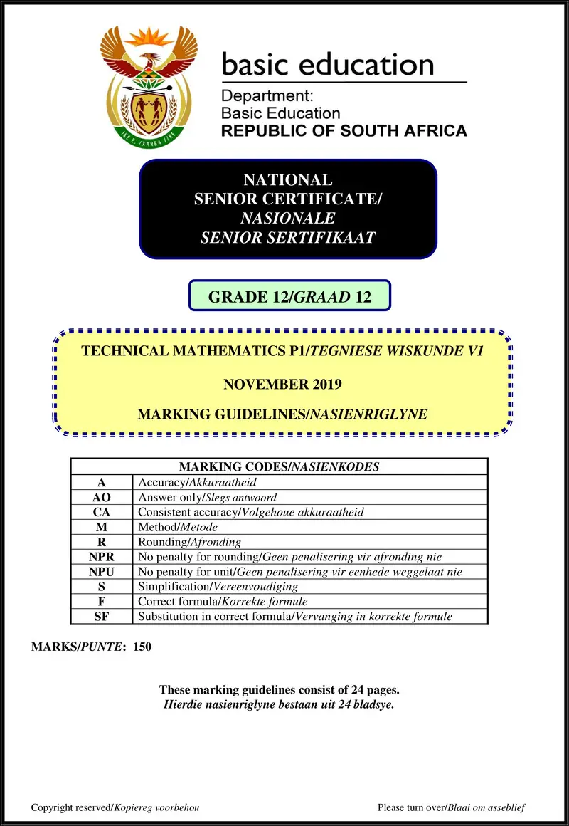 Grade 12 Technical Mathematics past paper 2019 – technical mathematics p1 nov 2019 memo afr eng gr12