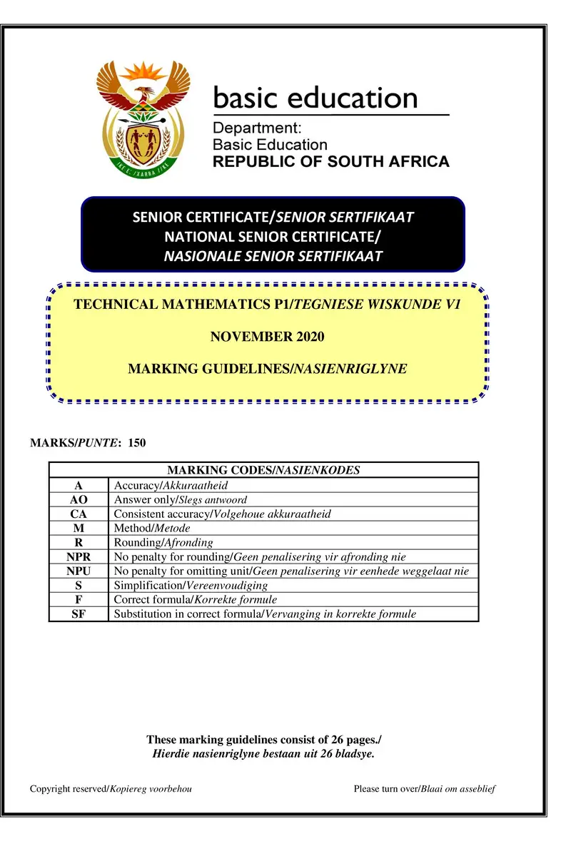 Technical Mathematics P1 Nov 2020 Eng Afr Memo Gr12