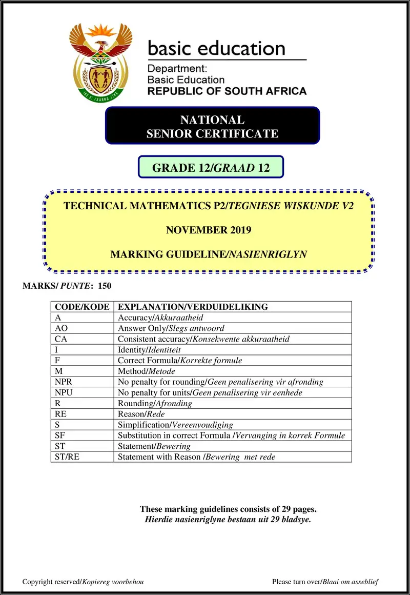 Technical Mathematics P2 Nov 2019 Memo Afr Eng Gr12