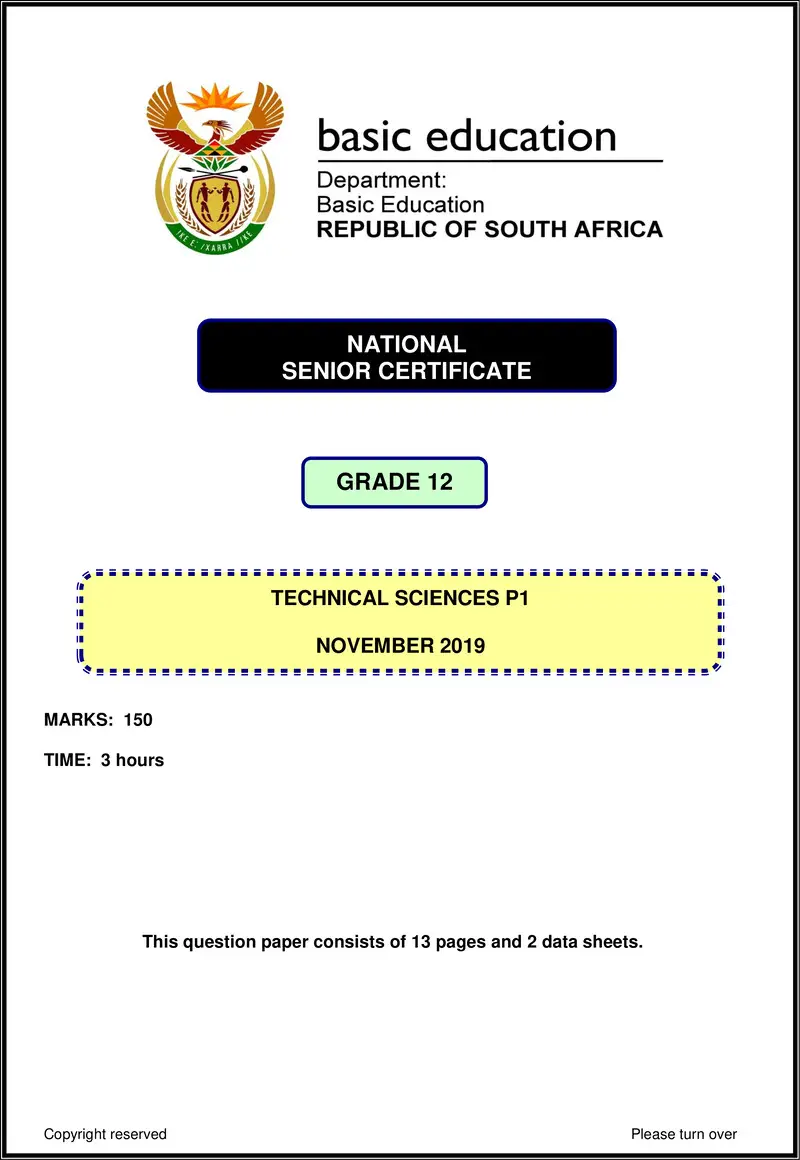 Grade 12 Technical Sciences past paper 2019 – technical sciences p1 nov 2019 eng gr12