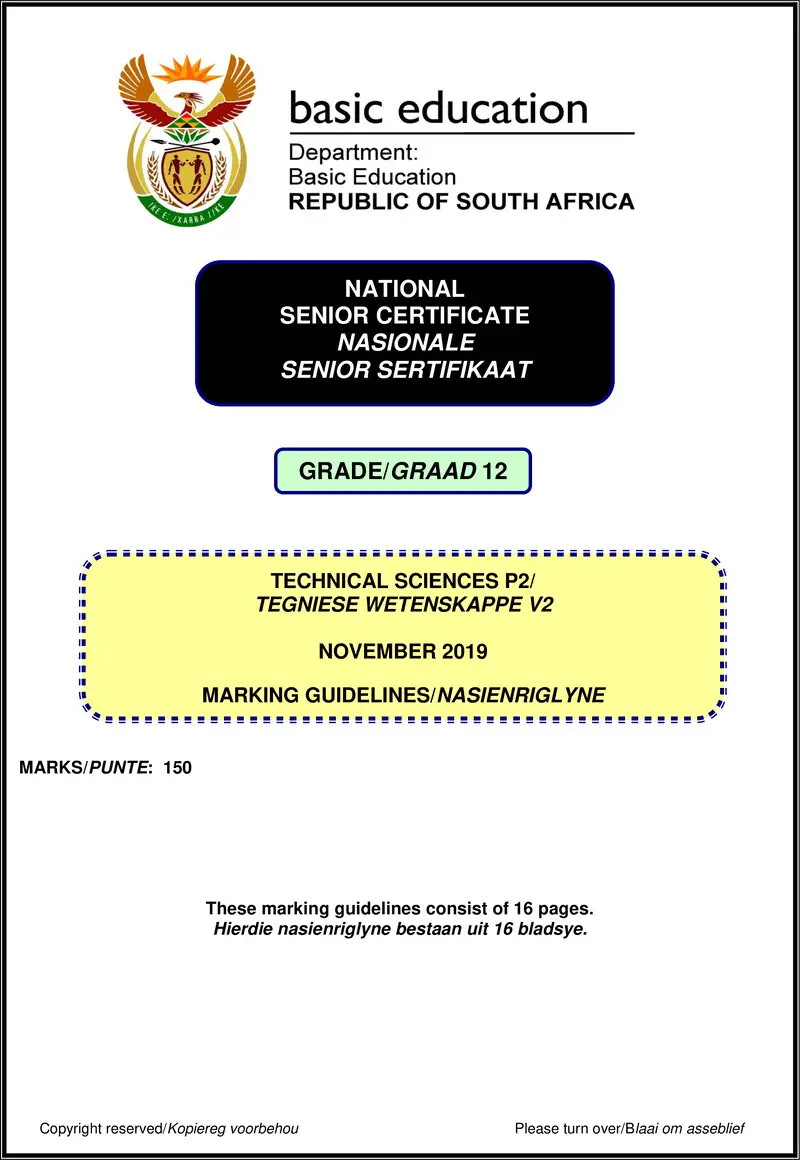 Grade 12 Technical Sciences past paper 2019 – technical sciences p2 nov 2019 memo afr eng gr12