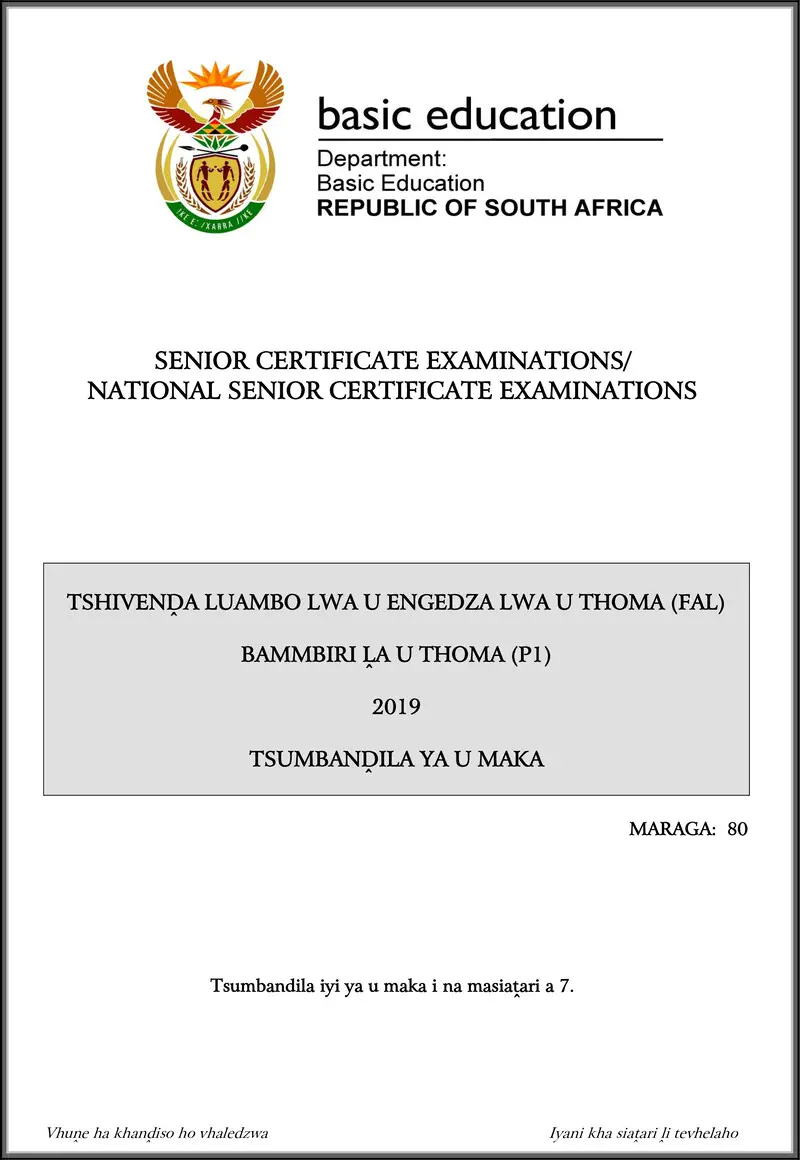 Tshivenda Fal P1 May June 2019 Memo Gr12