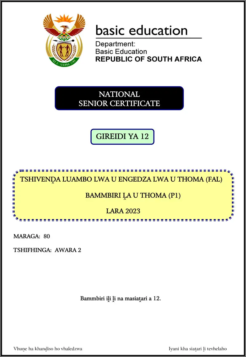 Tshivenda Fal P1 Nov 2023 Gr12