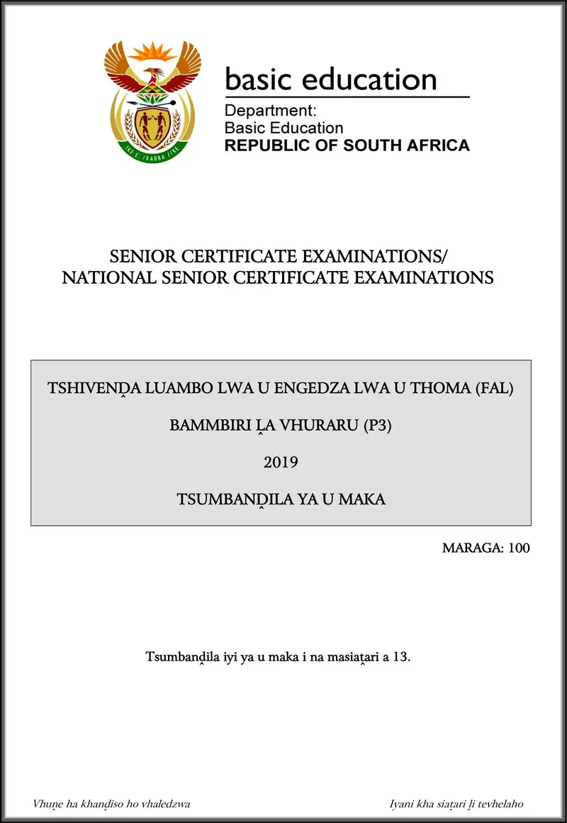 Tshivenda Fal P3 May June 2019 Memo Gr12