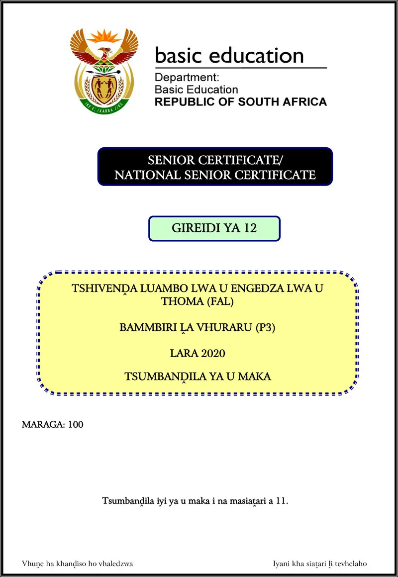 Grade 12 Tshivenda past paper 2020 – tshivenda fal p3 nov 2020 memo gr12