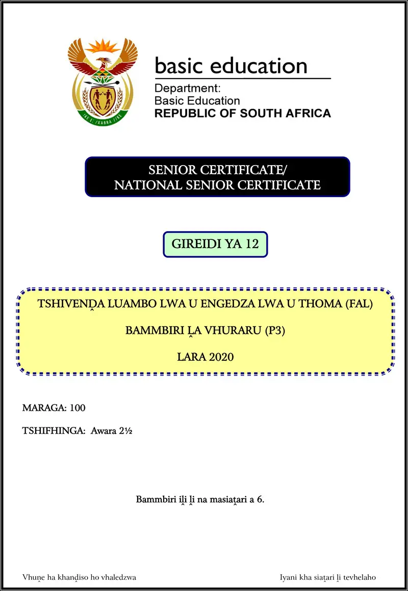 Grade 12 Tshivenda past paper 2020 – tshivenda fal p3 nov 2020 gr12
