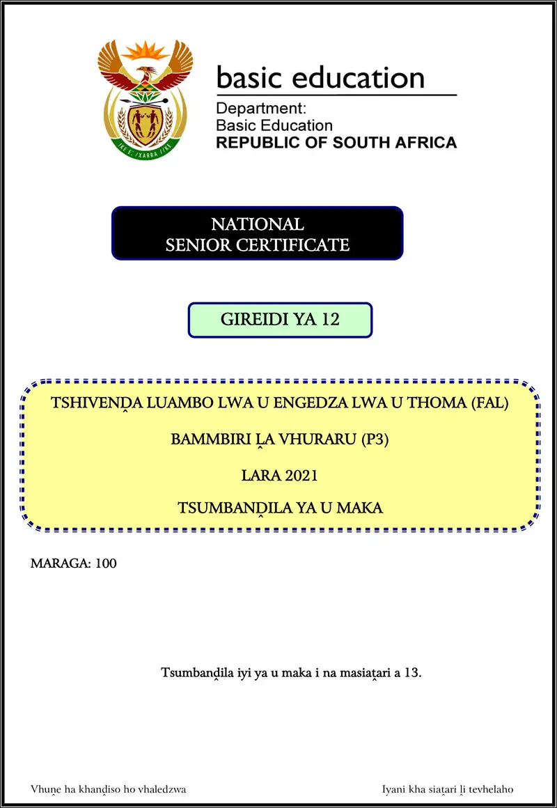 Grade 12 Tshivenda past paper 2021 – tshivenda fal p3 nov 2021 mg gr12