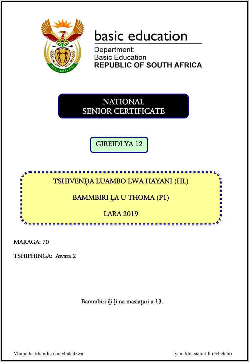 Grade 12 Tshivenda past paper 2019 – tshivenda hl p1 nov 2019 gr12