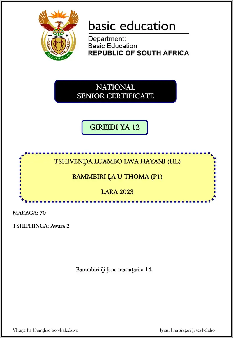 Tshivenda Hl P1 Nov 2023 Gr12