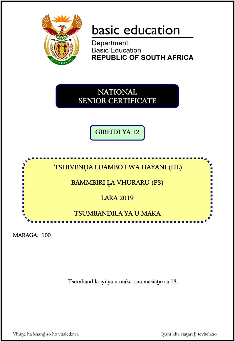 Grade 12 Tshivenda past paper 2019 – tshivenda hl p3 nov 2019 memo gr12