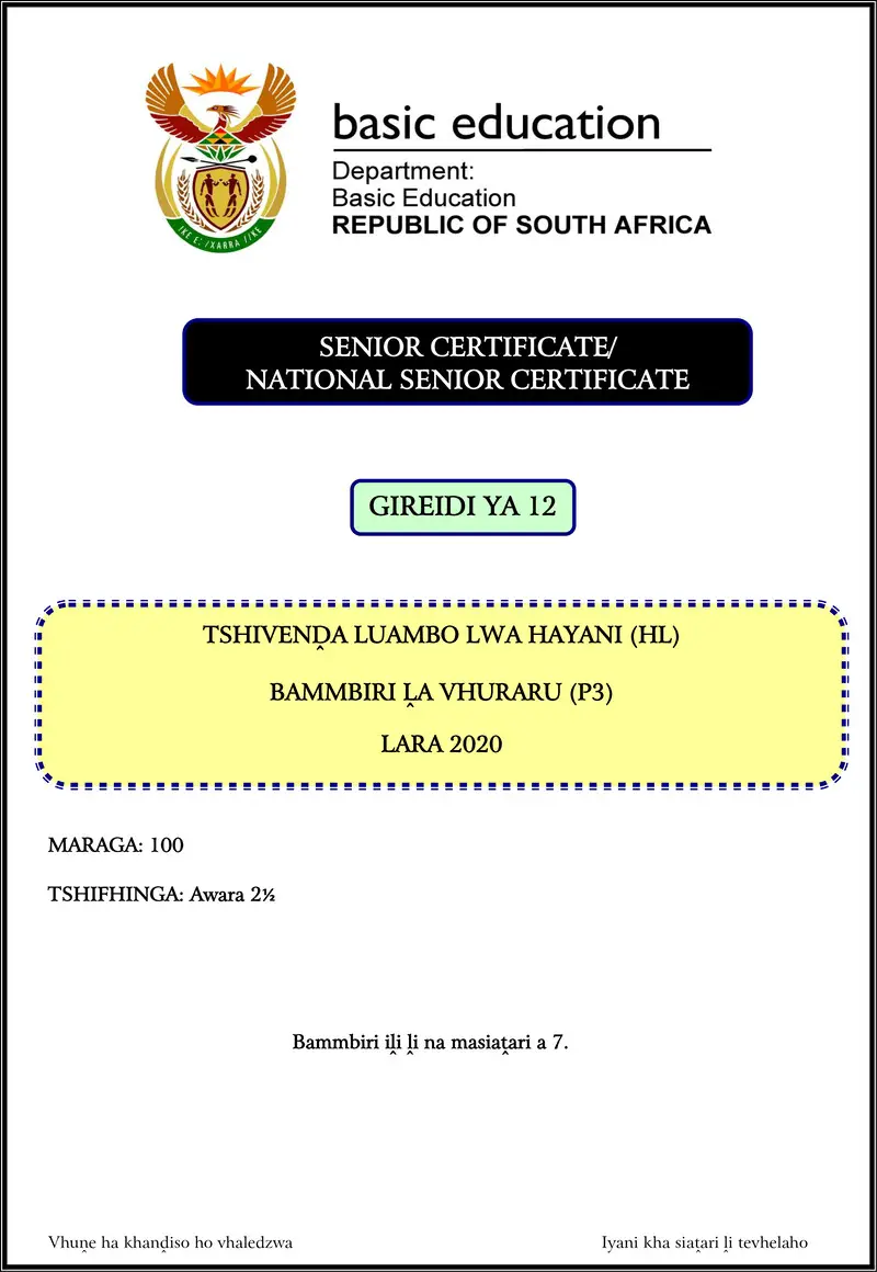 Grade 12 Tshivenda past paper 2020 – tshivenda hl p3 nov 2020 gr12
