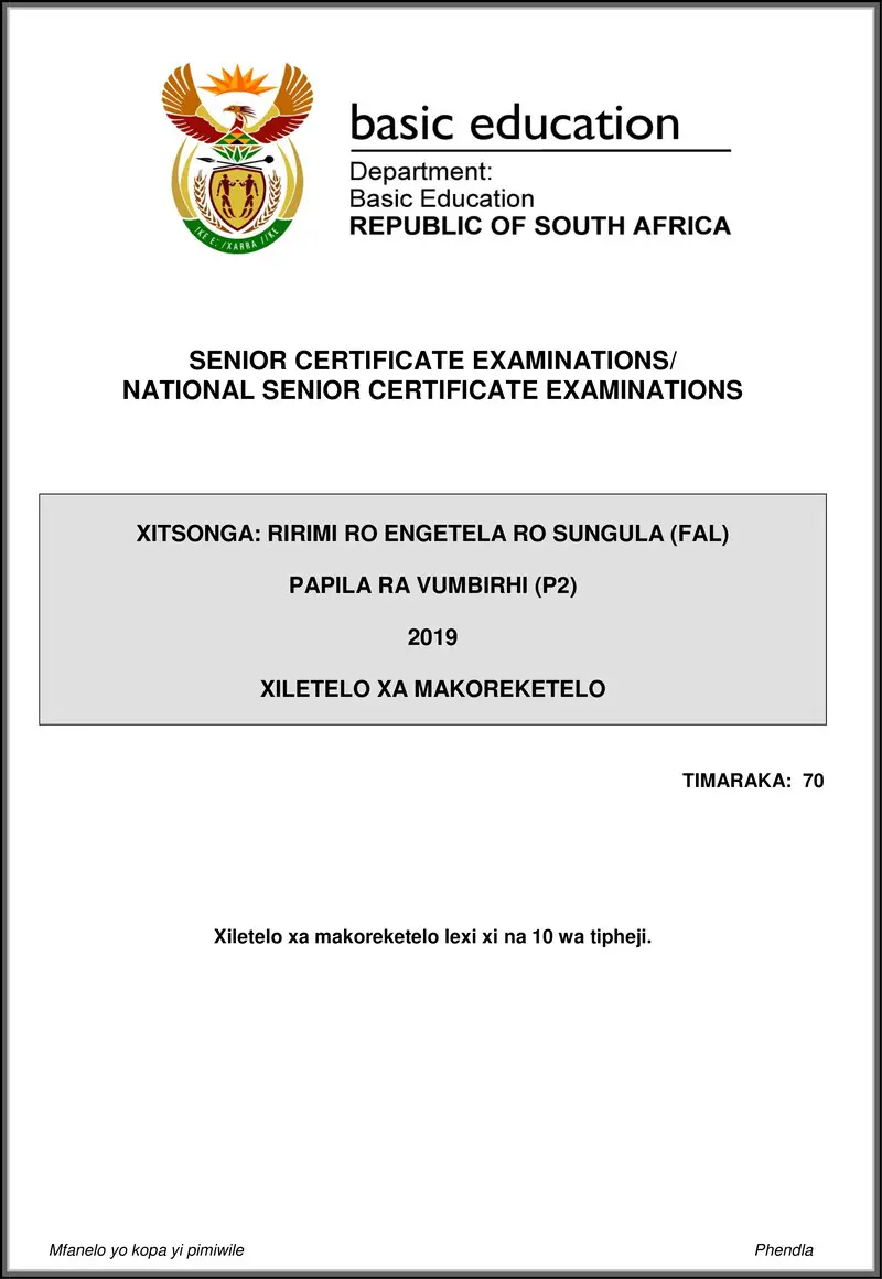 Xitsonga Fal P2 May June 2019 Memo Gr12