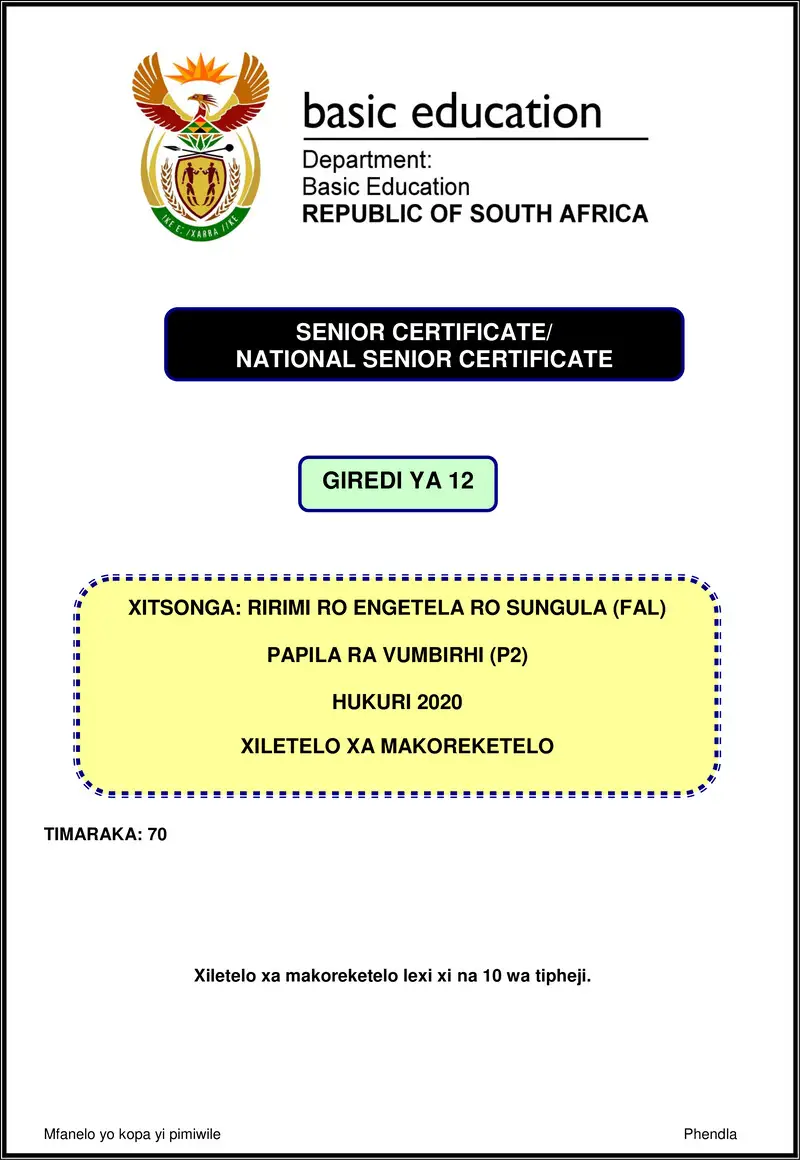 Xitsonga Fal P2 Nov 2020 Memo Gr12