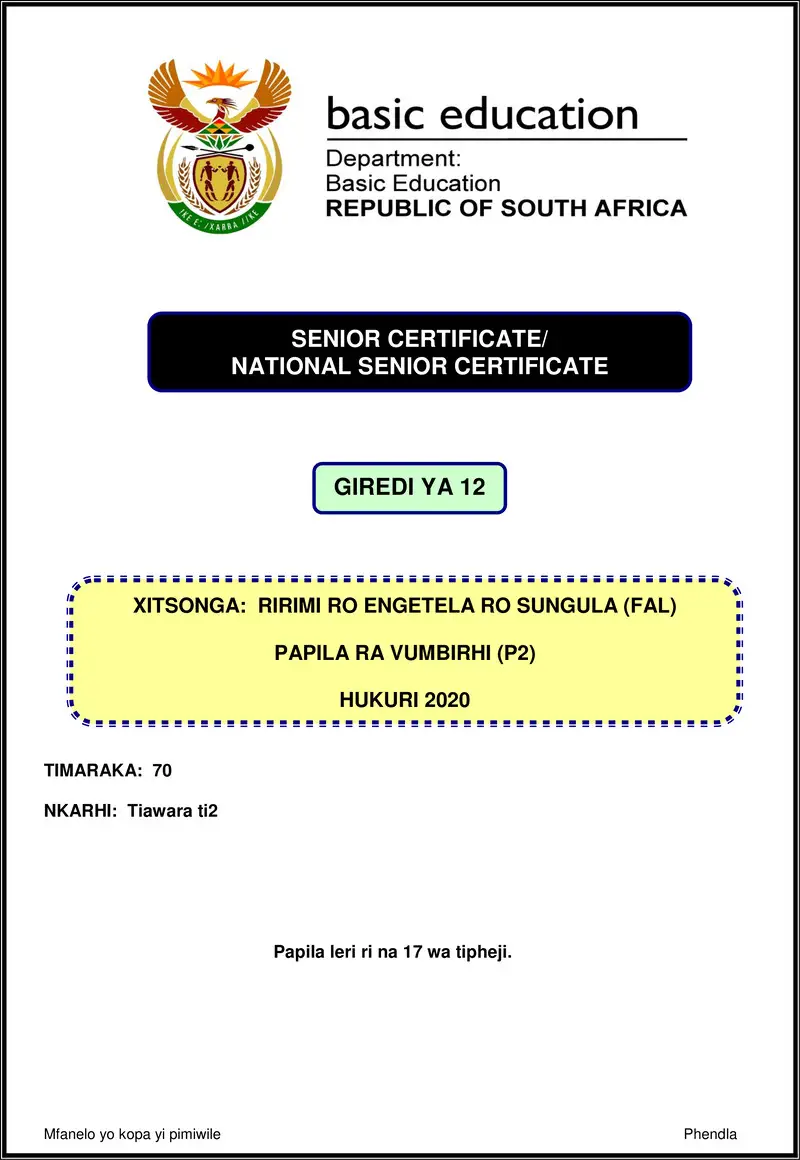 Xitsonga Fal P2 Nov 2020 Gr12