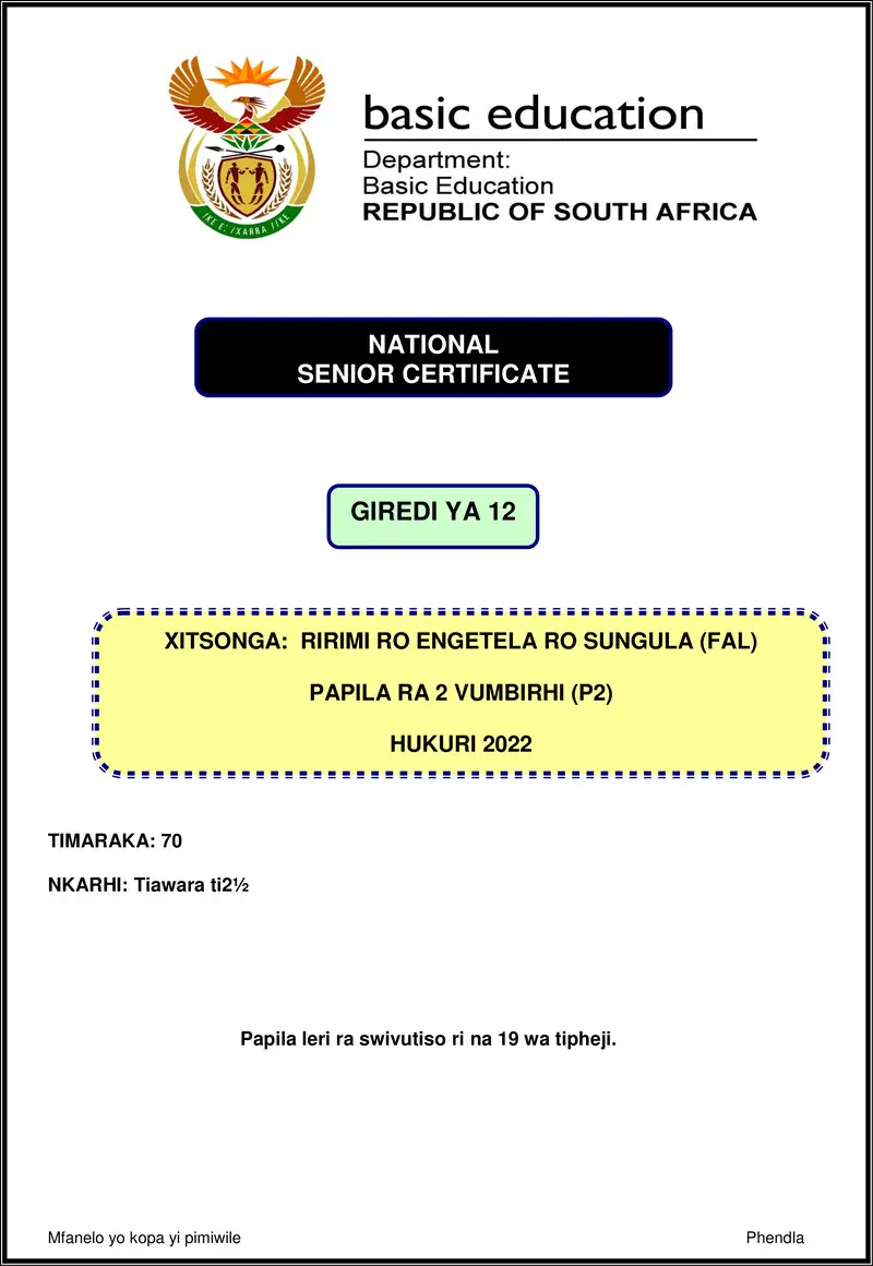 Xitsonga Fal P2 Nov 2022 Gr12